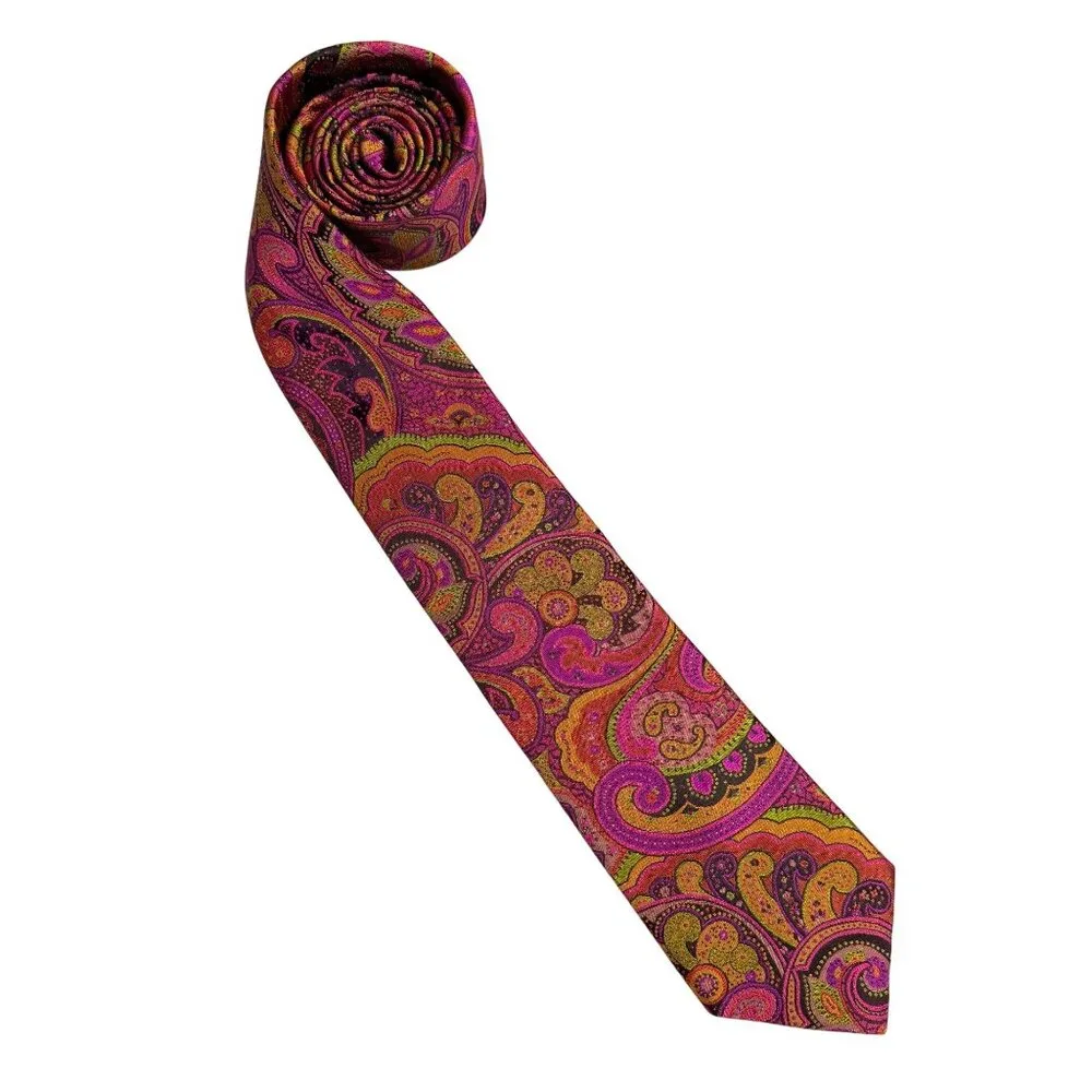 Ted Baker London 100% Silk Paisley Necktie Pink Gold Mustard Made In USA Retro - Picture 1 of 11